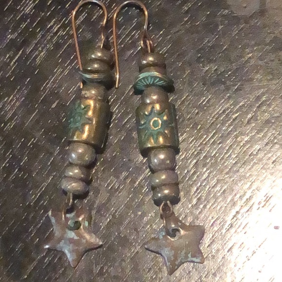 pyrite & patina star earrings handcrafted - Picture 10 of 14